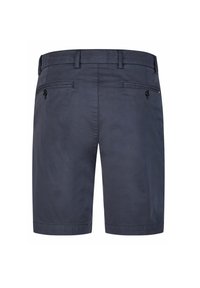 Marineblaue Shorts aus leichtem Material, mit einem flachen Bund, zwei Gesäßtaschen mit Knöpfen und geradem Schnitt.