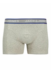 Grau Baumwollboxershorts mit kurzem Schnitt, ausgestattet mit einem weichen elastischen Taillenbund in Grau mit blauen Akzenten und "JACK & JONES"-Logo.