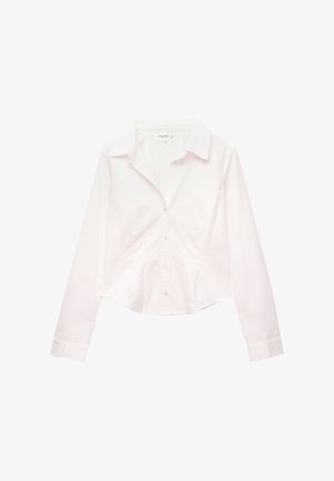 Witte lange mouwen button-up shirt met een kraag en fitted taille, plat weergegeven op een witte achtergrond.