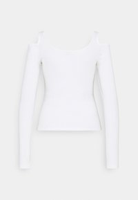 Valkoinen pitkähihais-toppi, jossa on avara kaula-aukko ja olkaleikkaukset. Topissa on tiukka malli ja sileä, joustava kangas.