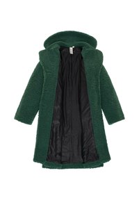 Lång grön kappa gjord av fluffigt, strukturerat material, med huva och svart satininteriör, öppen framsida och utan synliga knäppningar.