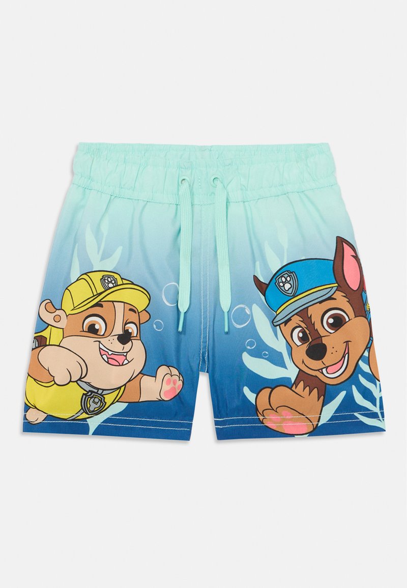 Shorts de bain pour enfants en dégradé de bleu, ornés de chien cartoon. Taille élastique avec cordon ajustable, designs vibrants et accents sur le thème de l'eau.