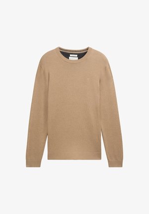 Beiger Strickpullover mit einem runden Ausschnitt, langen Ärmeln sowie gerippten Bündchen und Saum. Verfügt über ein kleines Logo auf der Brust.