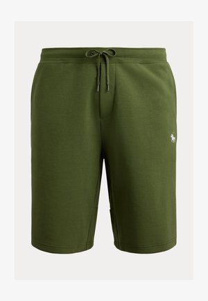 Pantalones cortos de algodón verde oliva con cintura de cordón y pequeño logo bordado en blanco de jugador de polo en el muslo derecho.