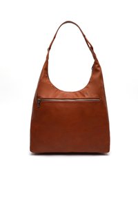 Borsa hobo in pelle marrone con tracolla curva e tasca frontale con zip; texture liscia e design semplice senza motivi visibili.
