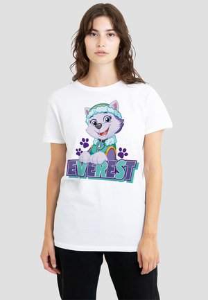 White cotton t-shirt featuring a colorful cartoon dog character, “Everest,” with the name in large blue and green letters below.
