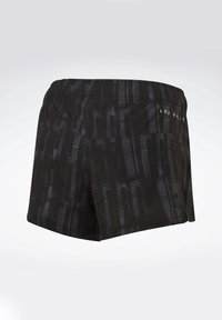 Shorts de sport noirs avec un motif abstrait subtil, taille élastique, petite fente latérale et texte "LES MILLS" près de la taille.