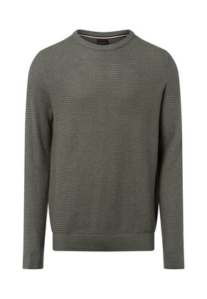 Olive green sweater with a textured knit design, crew neck, and ribbed cuffs. The material appears soft and lightweight, suitable for layering.