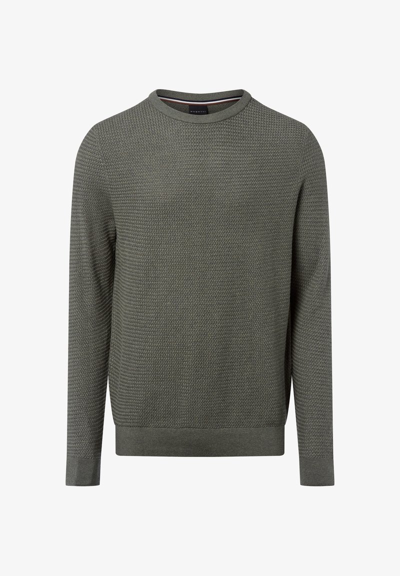 Olivgrüner Pullover mit strukturiertem Strickdesign, Rundhalsausschnitt und gerippten Bündchen. Das Material wirkt weich und leicht, ideal zum Schichten.