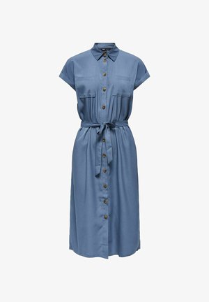 Modra midi srajčna obleka z kratkimi rokavi, sprednjim zapenjanjem na gumbe, žepki na prsih in pasnim trakom za zavezovanje.