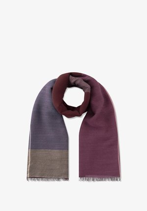Strickschal mit einem Gradientendesign in dunklem Burgunder, Lila und Taupe, mit einer weichen Textur und fransigen Kanten.