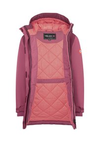 Barnas lyslilla vinterjakke med hette, kviltet rosa innerfôr, glidelås foran og norsk flagg-patch på ermet.