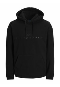 Zwarte hoodie van zacht materiaal, met een kangoeroezak, trekkoord en reliëflogo op de voorkant. Standaard pasvorm.