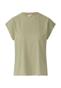 Licht olijfgroen T-shirt met korte mouwen en ronde hals, met een ontspannen pasvorm en een klein wit logo nabij de onderzoom op een effen achtergrond.
