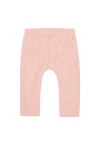 Lichtroze katoenen leggings met een elastische tailleband, slim fit en omgeslagen boorden. Gladde textuur en eenvoudig, naadloos ontwerp.