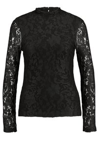 Svart långärmad topp i spets med blommönster, hög halsringning och en nyckelhålsöppning på ryggen. Genomskinliga ärmar ger textur.