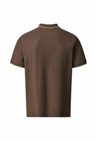 Polo marron à manches courtes vu de dos avec une bordure beige clair au niveau du col et des manches, uni sans logos visibles.