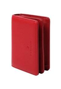 Rote Lederbörse mit strukturiertem Finish, kompaktem Design und mehreren Innenfächern für Karten und Bargeld. Mit geprägt Logo.