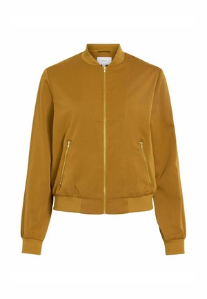 Veste bomber jaune moutarde avec fermeture éclair à l'avant, poches latérales, poignets et taille côtelés. Tissu lisse avec un design léger.