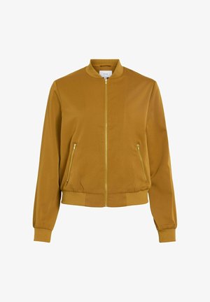 Mosterdgele bomberjack met een rits aan de voorkant, zijzakken, ribgebreide manchetten en tailleband. Glad materiaal met een lichtgewicht ontwerp.