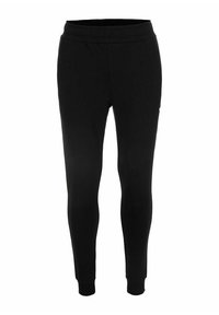 Zwarte, fitted broek met een elastische tailleband en smalle boorden, ontworpen voor comfort en casual gebruik.
