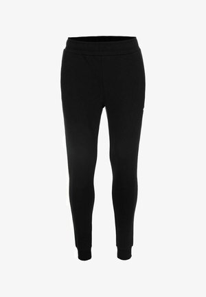 Pantalones ajustados negros con cinturilla elástica y puños estrechos, diseñados para comodidad y uso casual.