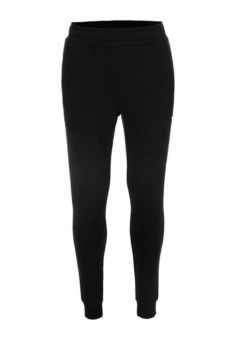 Zwarte, fitted broek met een elastische tailleband en smalle boorden, ontworpen voor comfort en casual gebruik.