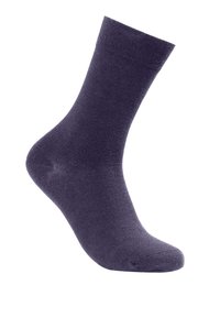 Calzino di cotone viola con tallone rinforzato, texture liscia e bordo a costine. Presenta una punta senza cuciture per un comfort maggiore.