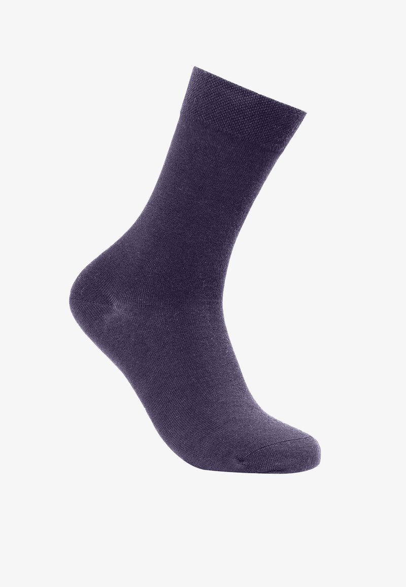 Calcetín de algodón púrpura con talón reforzado, textura suave y puño acanalado. Presenta una puntera sin costuras para mayor comodidad.