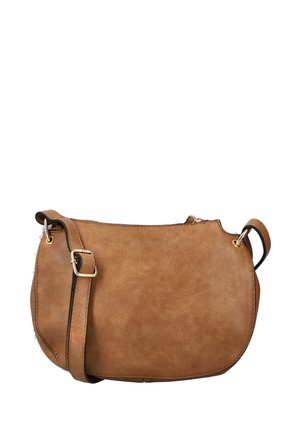 Sac bandoulière en faux cuir marron avec quincaillerie dorée, de forme arrondie, avec une bandoulière ajustable et des bordures noires. Surface texturée avec un minimum de détails.