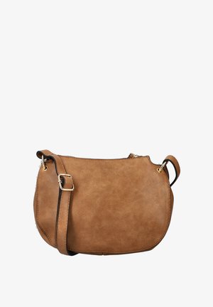 Braune Kunstleder-Crossbody-Tasche mit goldenen Details, runder Form, verstellbarem Tragegurt und schwarzem Rand. Strukturierte Oberfläche mit minimalem Design.