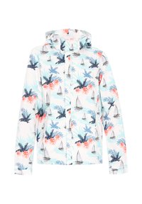 Giacca leggera bianca con un motivo tropicale di fiori rosa, foglie di palma blu e piccole barche a vela blu navy su uno sfondo azzurro chiaro.