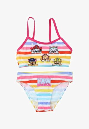 Maillot de bain deux pièces à rayures horizontales multicolores. Le haut présente des bretelles roses réglables et des personnages de dessin animé ; le bas porte le logo "PAW PATROL".