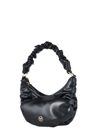 Sac à épaule en cuir noir avec un design à fronces et texture, accents en métal doré, et une forme arrondie. Dispose d'une seule anse élégante.