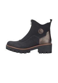 Bottines noires avec un dessus texturé, fermeture éclair sur le côté et accents en bronze. Le talon est épais avec une semelle en caoutchouc robuste pour une meilleure traction.