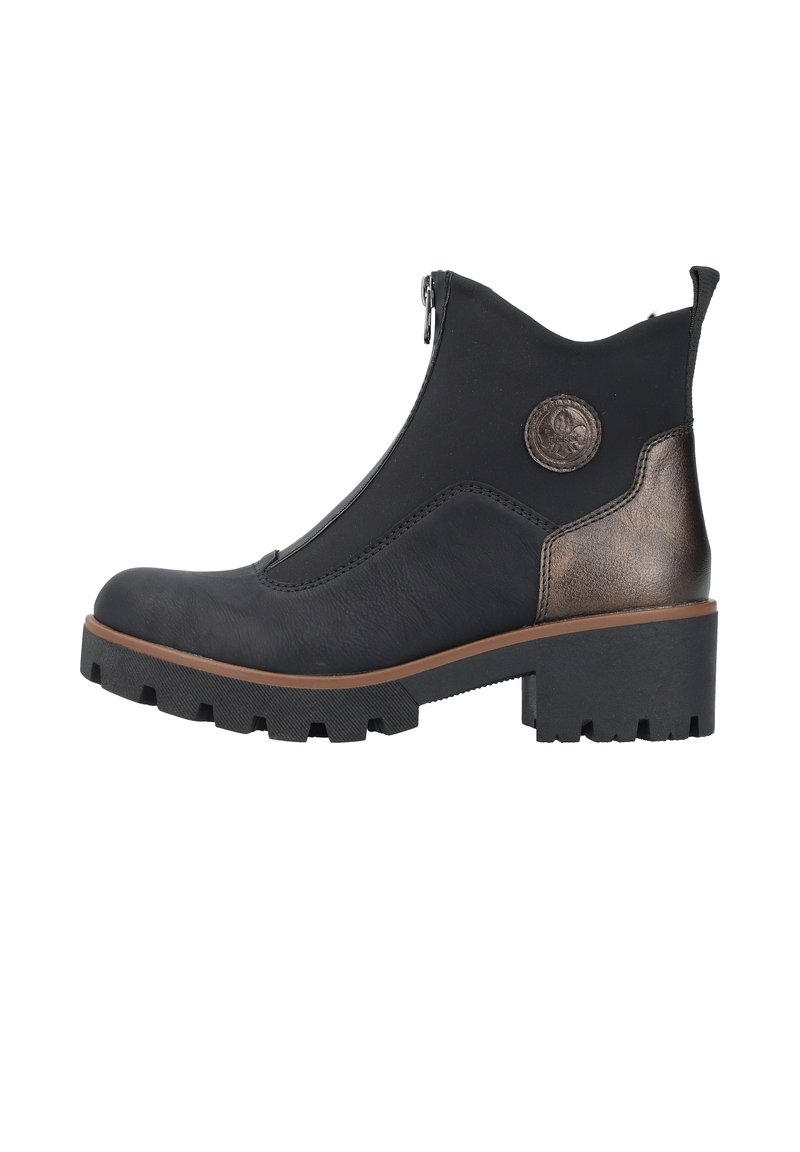 Bottines noires avec un dessus texturé, fermeture éclair sur le côté et accents en bronze. Le talon est épais avec une semelle en caoutchouc robuste pour une meilleure traction.