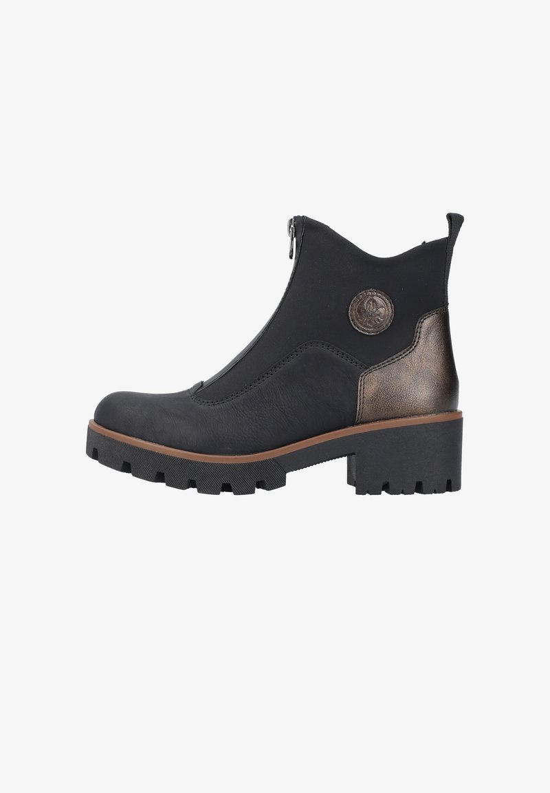 Bottines noires avec un dessus texturé, fermeture éclair sur le côté et accents en bronze. Le talon est épais avec une semelle en caoutchouc robuste pour une meilleure traction.