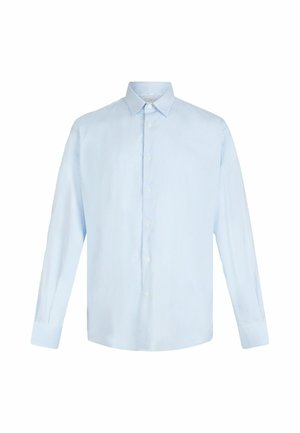Svetlo modra dolga srajca s kratkimi rokavi in belimi črtami. Ima klasičen ovratnik, sprednji pas in gumbne manšete. Gladka tekstura tkanine.