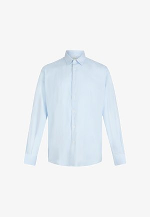 Svetlo modra dolga srajca s kratkimi rokavi in belimi črtami. Ima klasičen ovratnik, sprednji pas in gumbne manšete. Gladka tekstura tkanine.