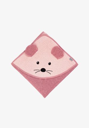 Pink triangular hooded towel featuring a dog face design, with textured ears, embroidered eyes, and a plush, soft material.