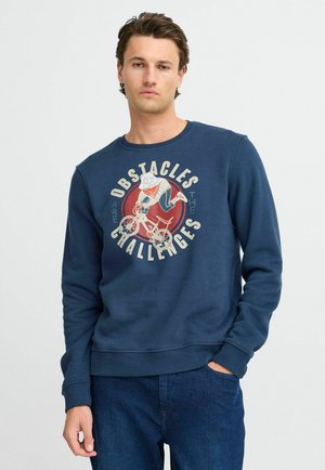 Navy-blauwe sweatshirt van katoen, met een ronde hals en lange mouwen. Grafische tekst "Obstakels zijn de Uitdagingen" met een illustratie van een fietser.