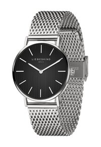 Runder schwarzer Zifferblattuhren mit silbernem Mesh-Armband, ausgestattet mit minimalistischen silbernen Stundenmarkierungen und einer gebürsteten Textur auf dem Zifferblatt.