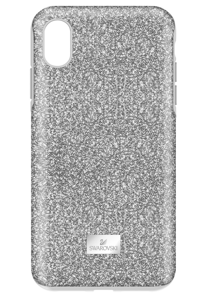 Zilveren glitter telefoonhoes met een gestructureerd oppervlak, met een strak ontwerp en een klein Swarovski-logo plaatje aan de onderkant.