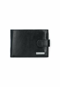 Czarny skórzany portfel o gładkiej fakturze, podwójnym składzie i srebrnej metce z logo. Posiada bezpieczne zapięcie na zatrzask i przeszywane krawędzie.