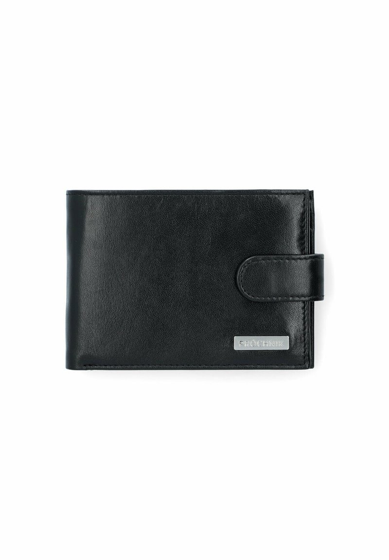 Czarny skórzany portfel o gładkiej fakturze, podwójnym składzie i srebrnej metce z logo. Posiada bezpieczne zapięcie na zatrzask i przeszywane krawędzie.