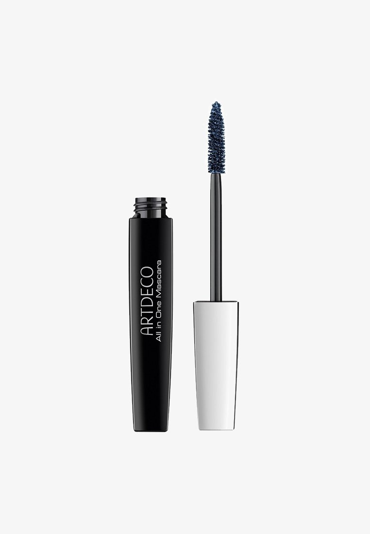 Black Artdeco All in One Mascara tube with silver cap and visible brush coated with dark mascara against white background.