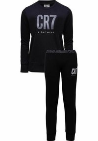 Zwart CR7 nachtset met een langemouwen bovenstuk met een zilveren logo en bijpassende tapered broek met een elastische tailleband.
