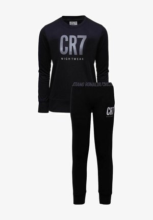 Conjunto de pijama negro CR7 que incluye una camiseta de manga larga con un logo plateado y pantalones ajustados a juego con cinturilla elástica.