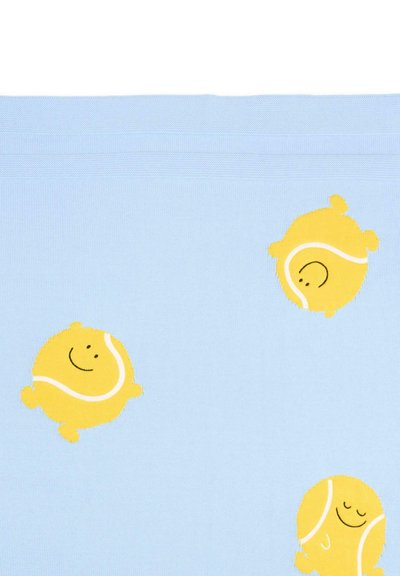 Tessuto azzurro chiaro con tre palline da tennis gialle sorridenti, ciascuna con espressioni facciali diverse e linee curve bianche.