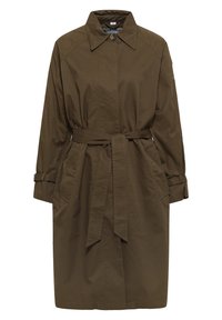 Brązowy płaszcz trencz do talii z lekkiego materiału, z paskiem w talii, kołnierzem i dwoma bocznymi kieszeniami. Charakterystyczne podwinięte mankiety.